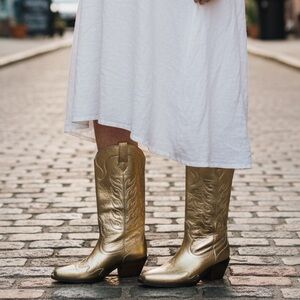 NWT All Saints Dolly Leather Western Cowboy in Metallic Gold Boots Size US 7